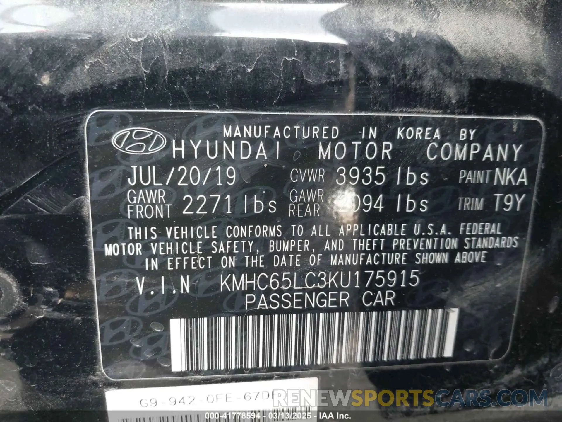 9 Photograph of a damaged car KMHC65LC3KU175915 HYUNDAI IONIQ HYBRID 2019