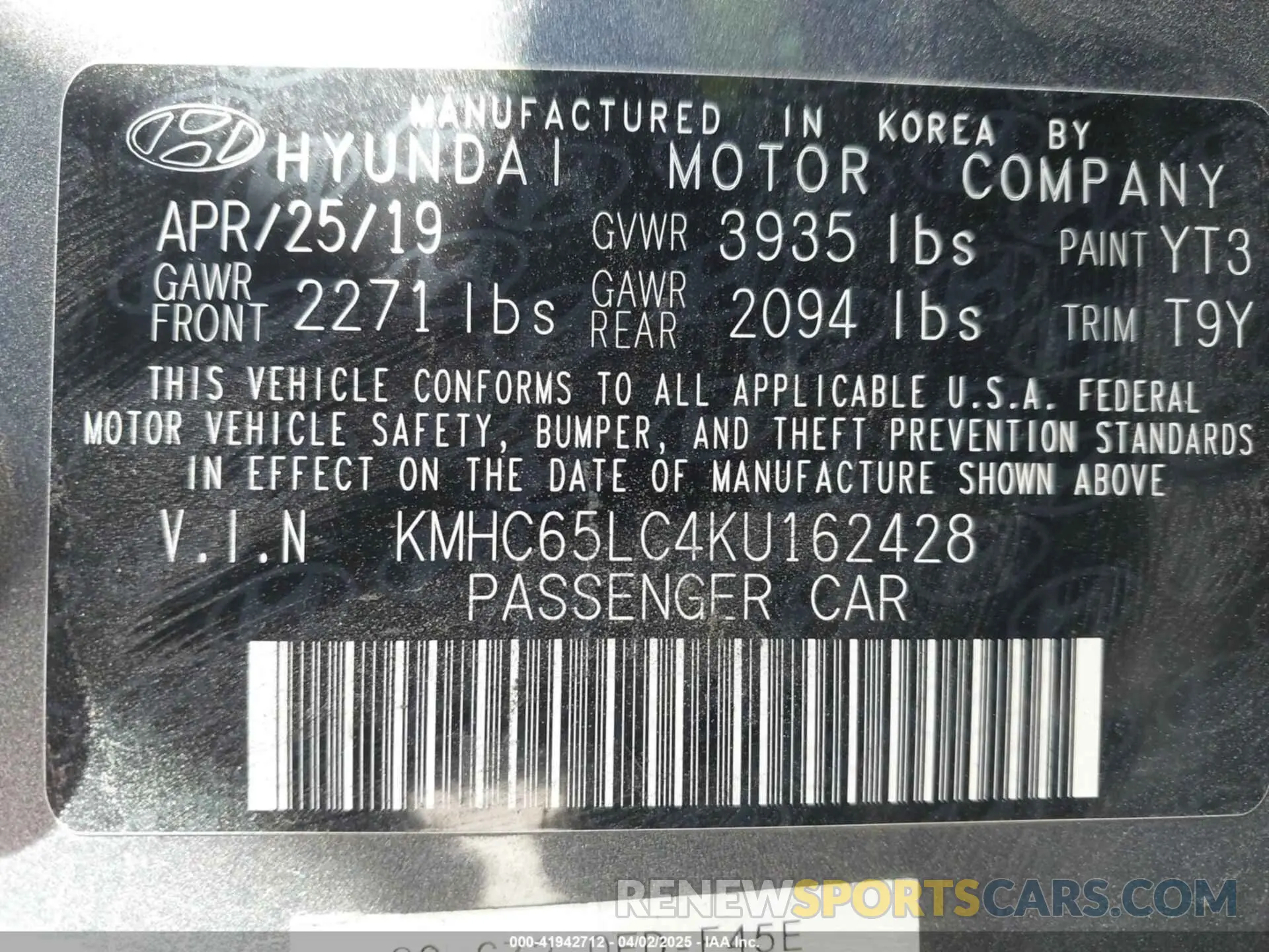 9 Photograph of a damaged car KMHC65LC4KU162428 HYUNDAI IONIQ HYBRID 2019