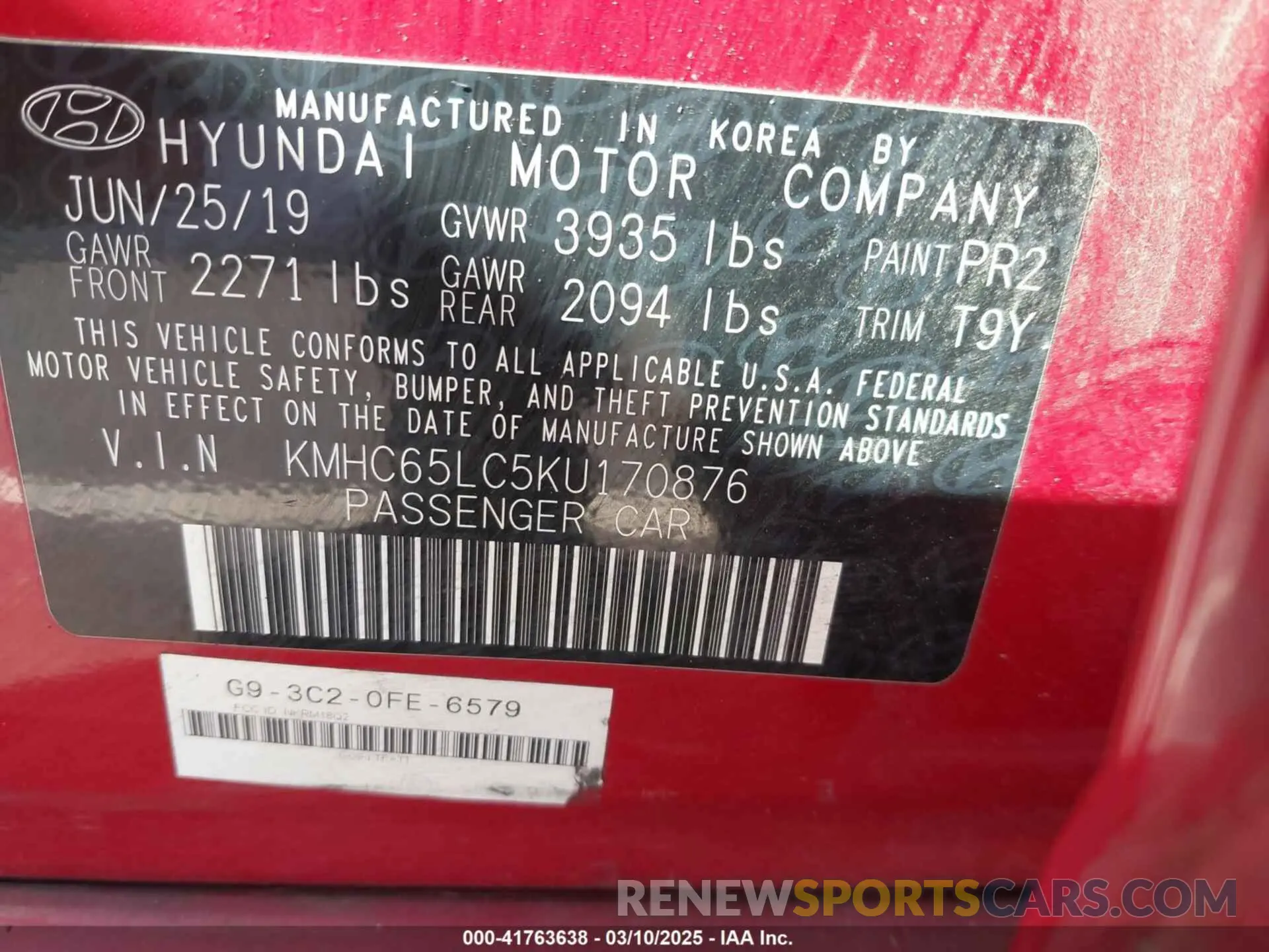 9 Photograph of a damaged car KMHC65LC5KU170876 HYUNDAI IONIQ HYBRID 2019