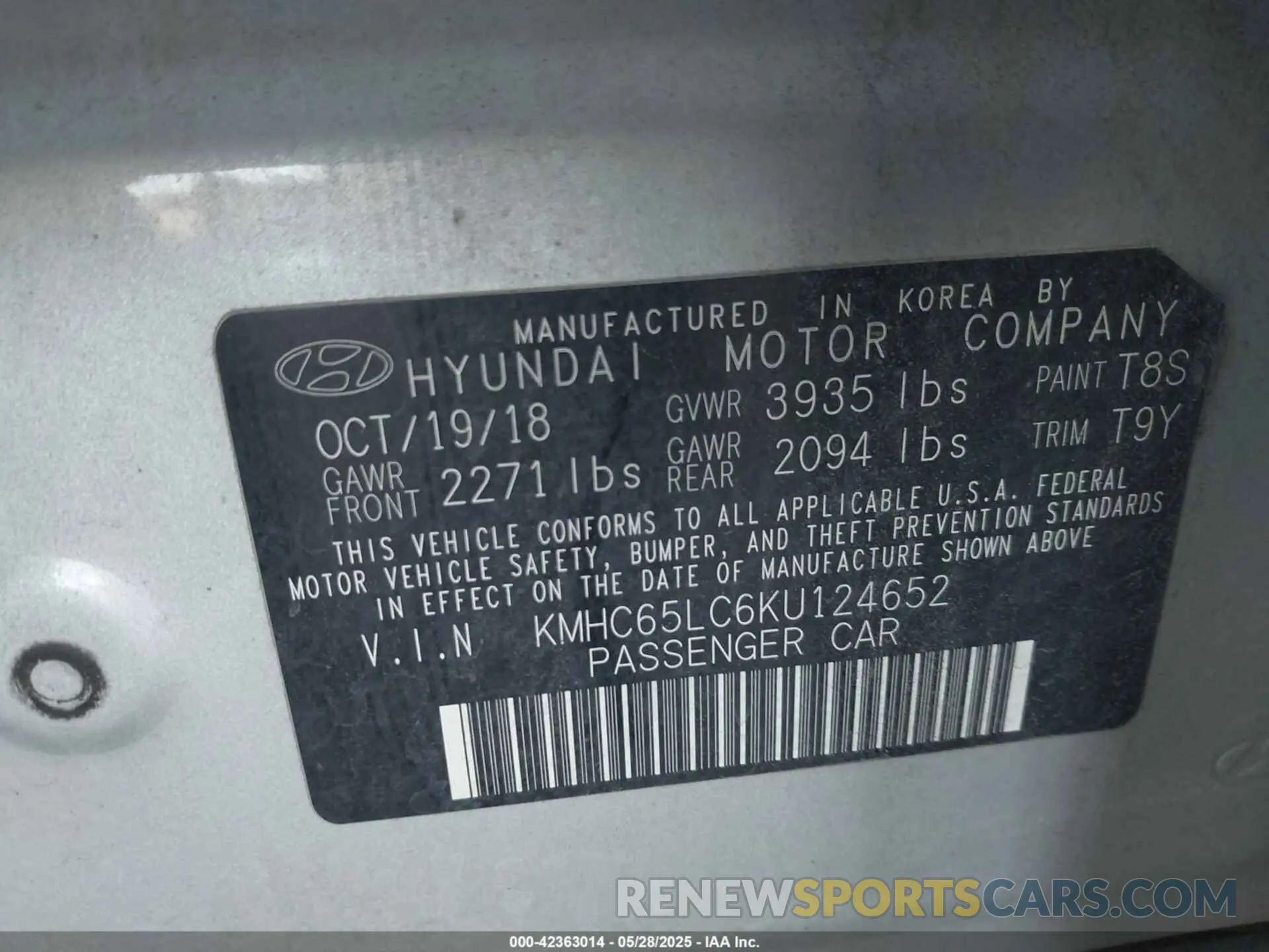 9 Photograph of a damaged car KMHC65LC6KU124652 HYUNDAI IONIQ HYBRID 2019