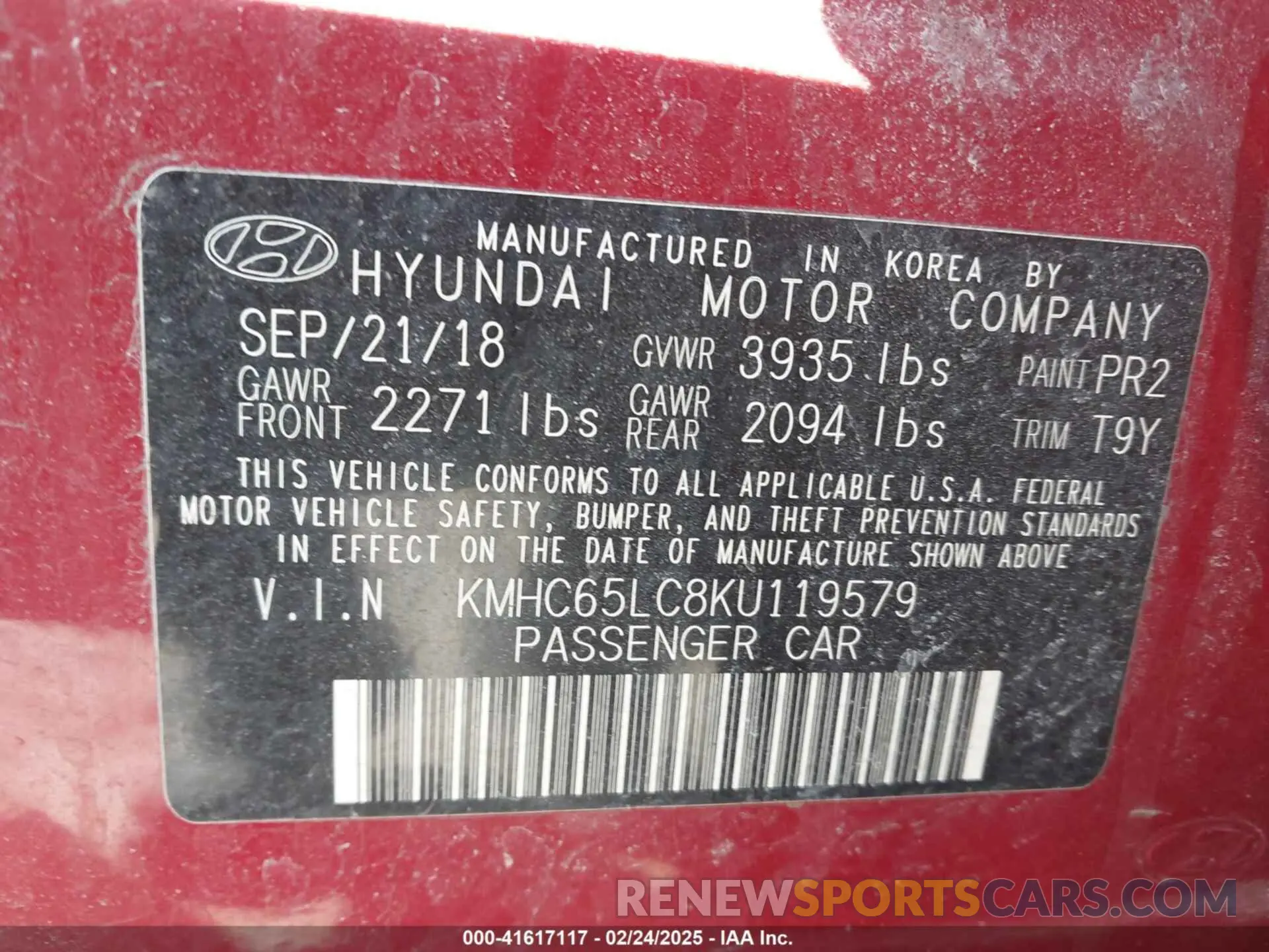 9 Photograph of a damaged car KMHC65LC8KU119579 HYUNDAI IONIQ HYBRID 2019