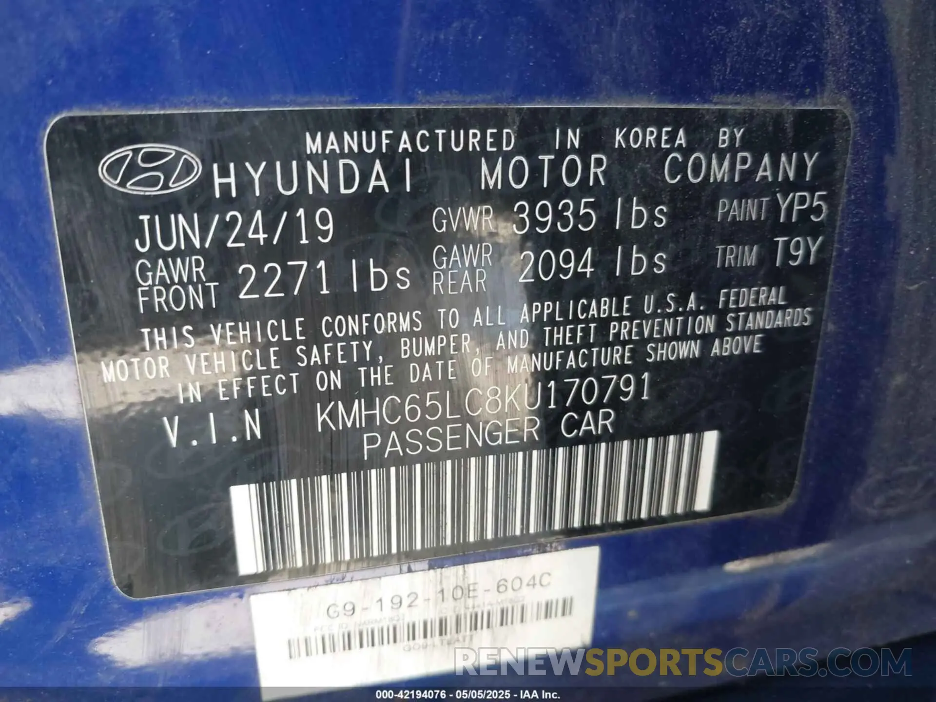 9 Photograph of a damaged car KMHC65LC8KU170791 HYUNDAI IONIQ HYBRID 2019