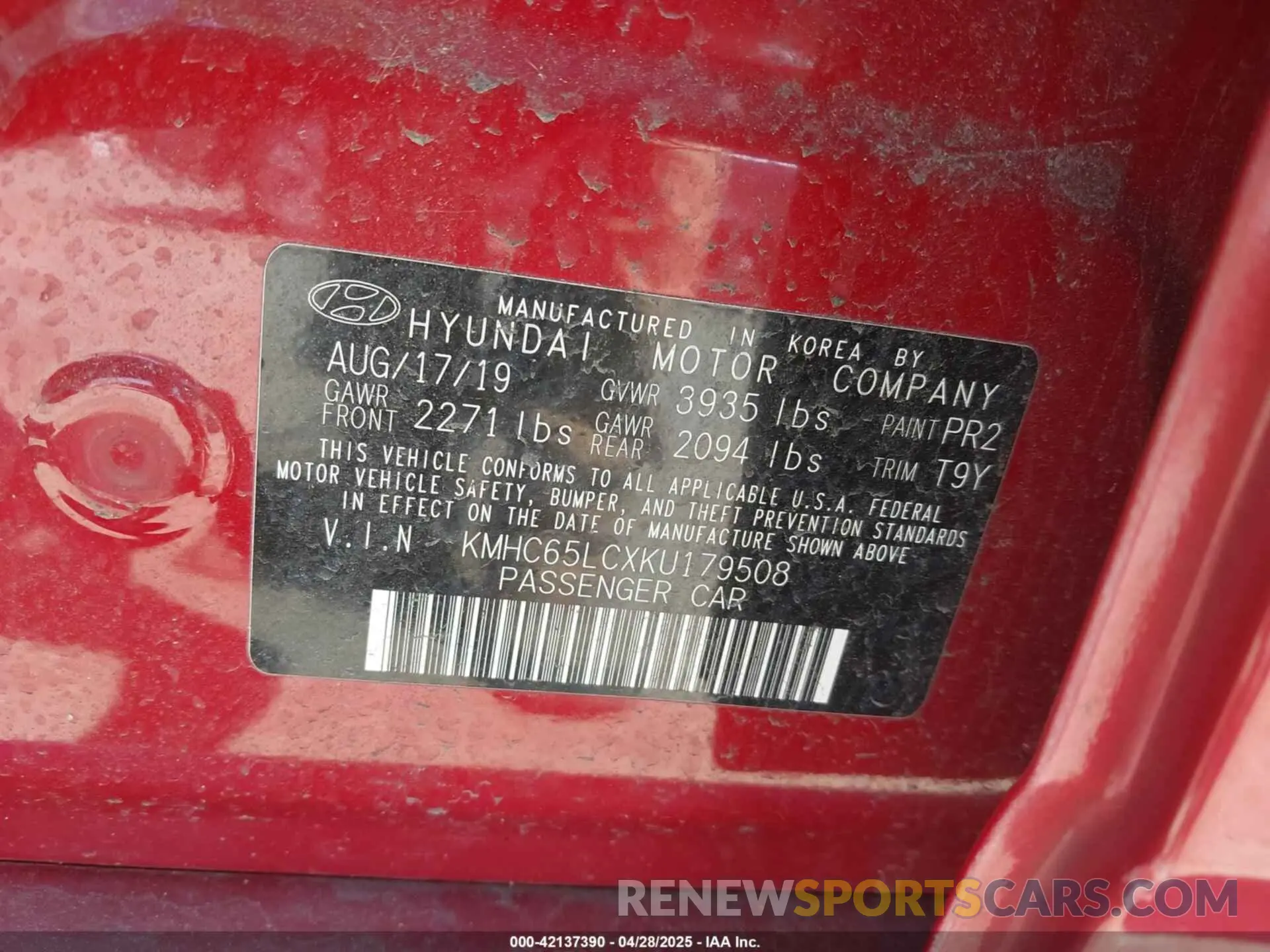 9 Photograph of a damaged car KMHC65LCXKU179508 HYUNDAI IONIQ HYBRID 2019