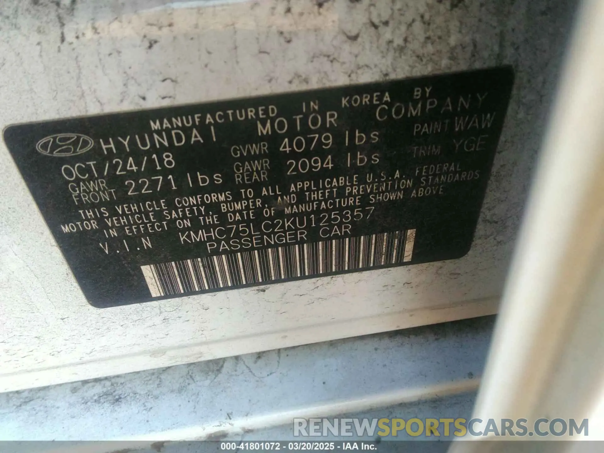 9 Photograph of a damaged car KMHC75LC2KU125357 HYUNDAI IONIQ HYBRID 2019