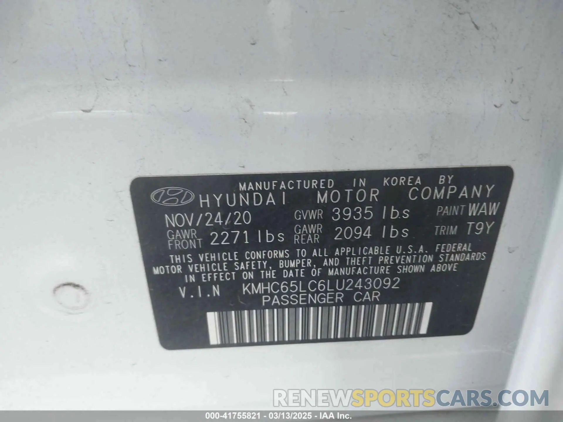 9 Photograph of a damaged car KMHC65LC6LU243092 HYUNDAI IONIQ HYBRID 2020