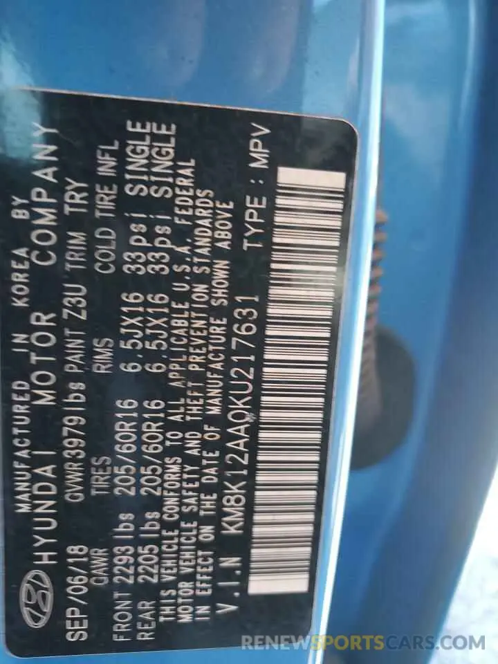 13 Photograph of a damaged car KM8K12AA0KU217631 HYUNDAI KONA 2019