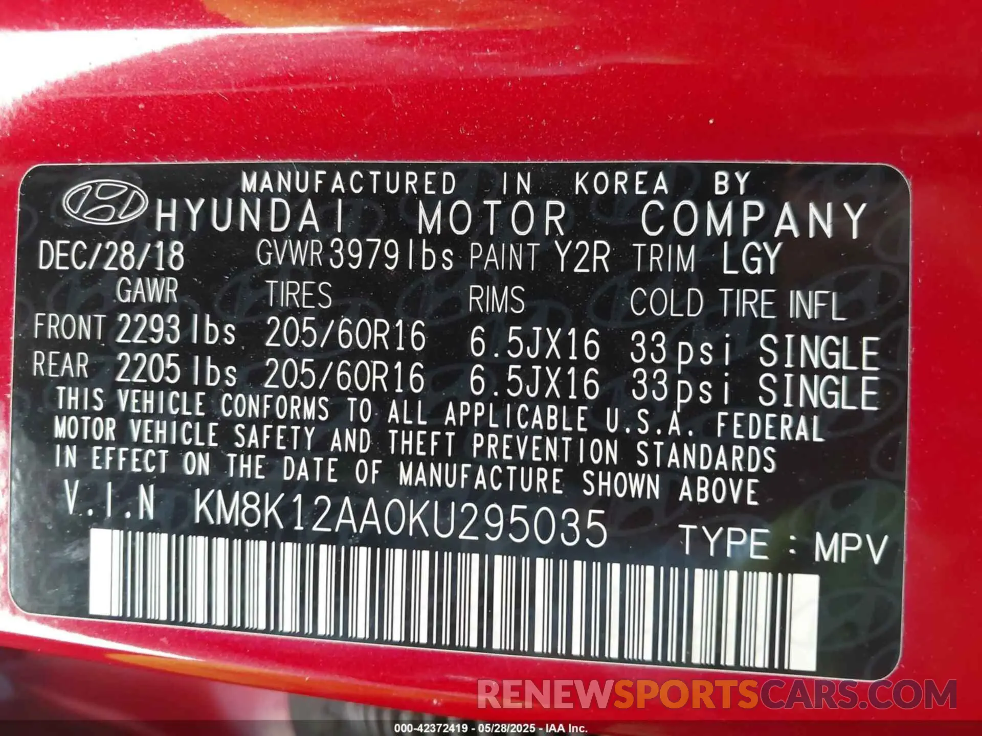 9 Photograph of a damaged car KM8K12AA0KU295035 HYUNDAI KONA 2019