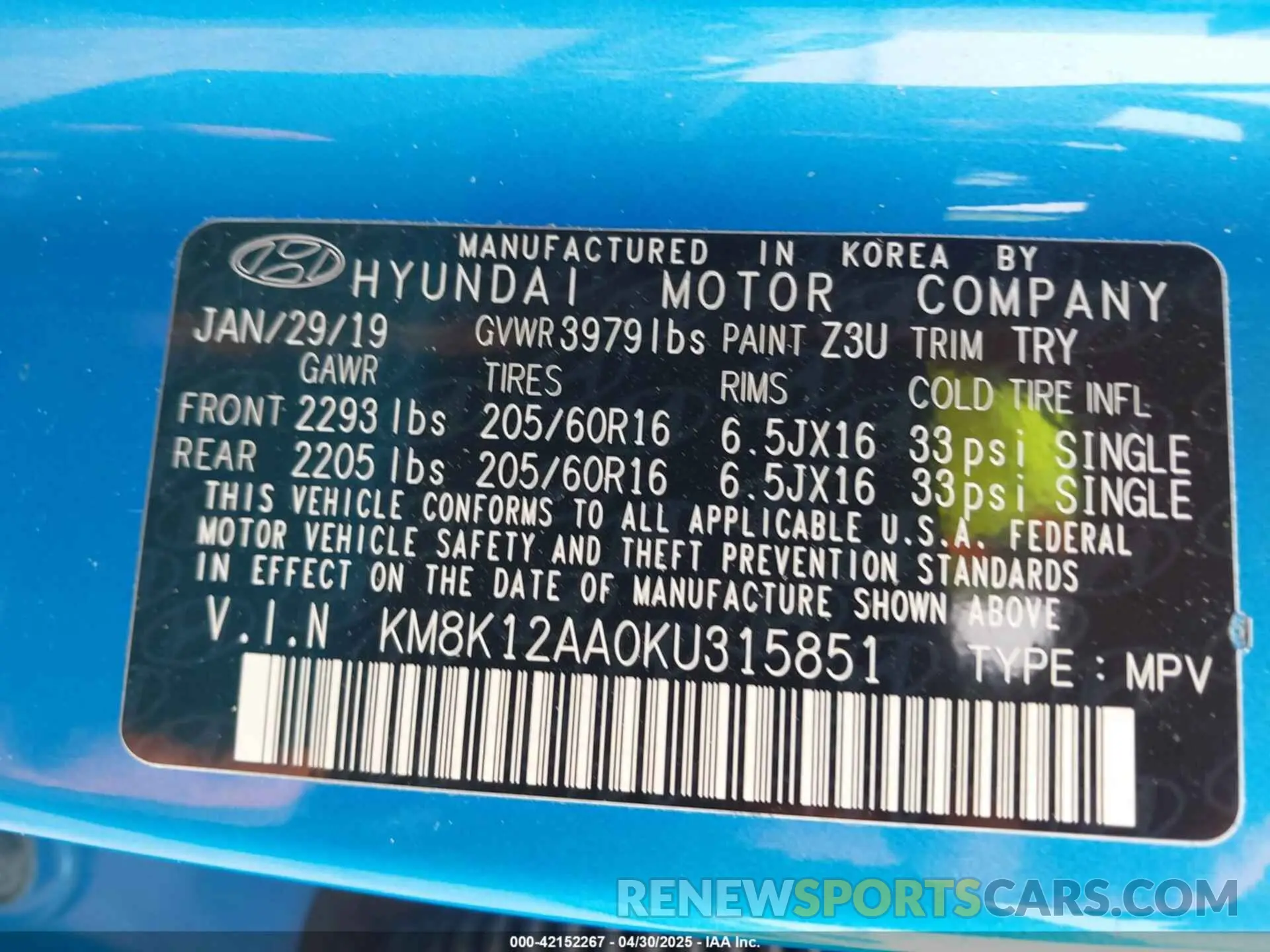 9 Photograph of a damaged car KM8K12AA0KU315851 HYUNDAI KONA 2019