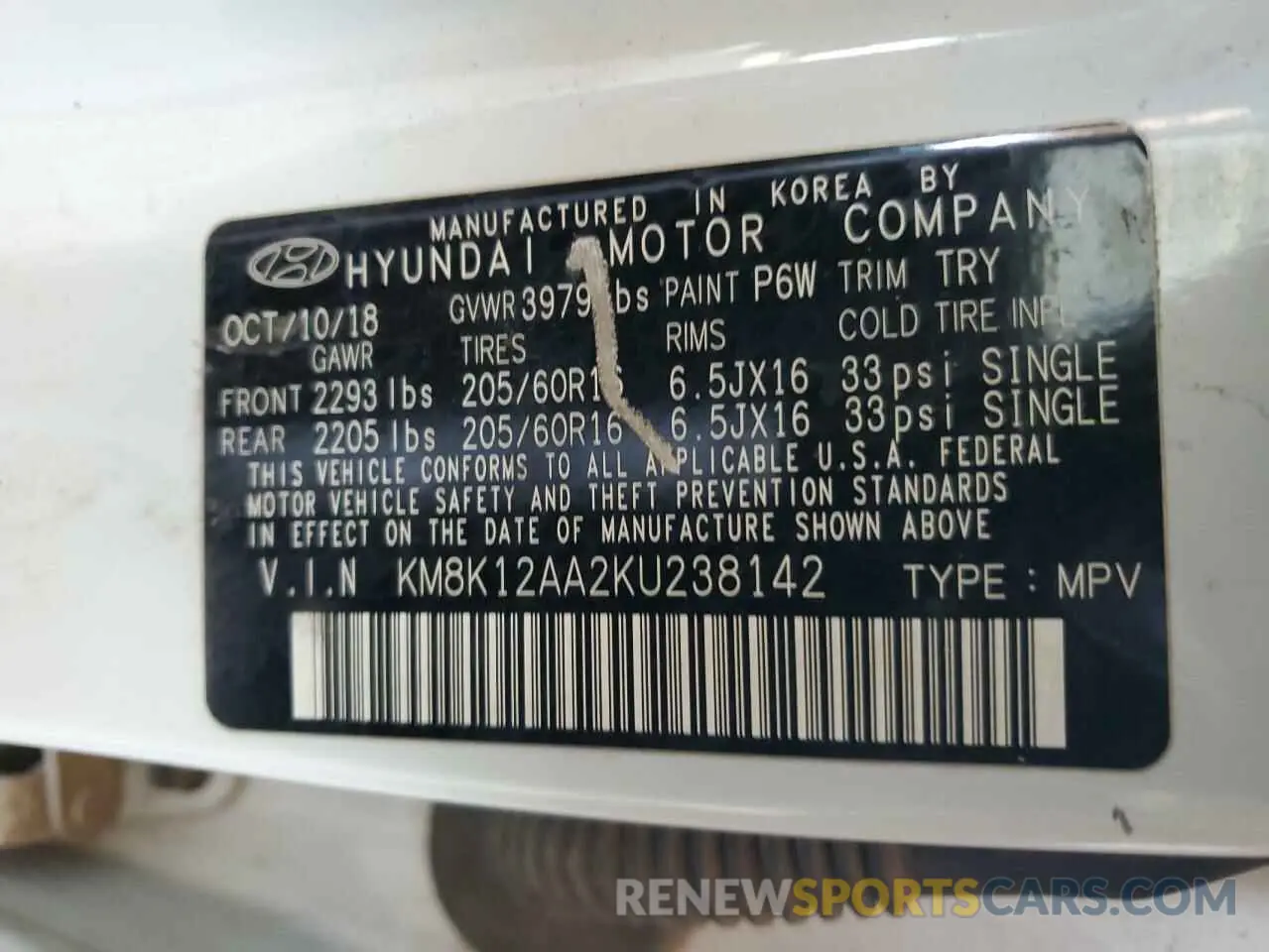 12 Photograph of a damaged car KM8K12AA2KU238142 HYUNDAI KONA 2019