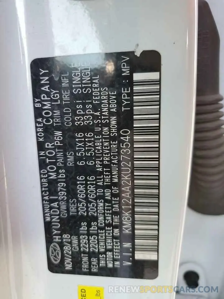 12 Photograph of a damaged car KM8K12AA2KU273540 HYUNDAI KONA 2019