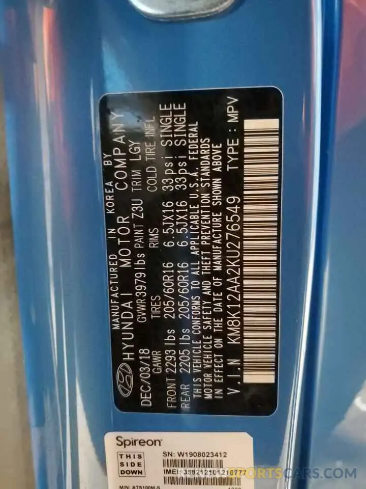 12 Photograph of a damaged car KM8K12AA2KU276549 HYUNDAI KONA 2019
