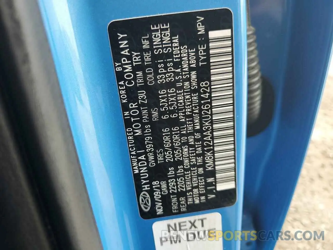 12 Photograph of a damaged car KM8K12AA3KU261428 HYUNDAI KONA 2019