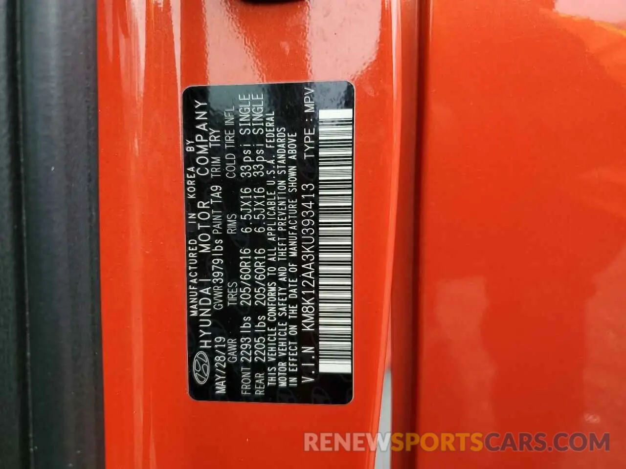 13 Photograph of a damaged car KM8K12AA3KU393413 HYUNDAI KONA 2019