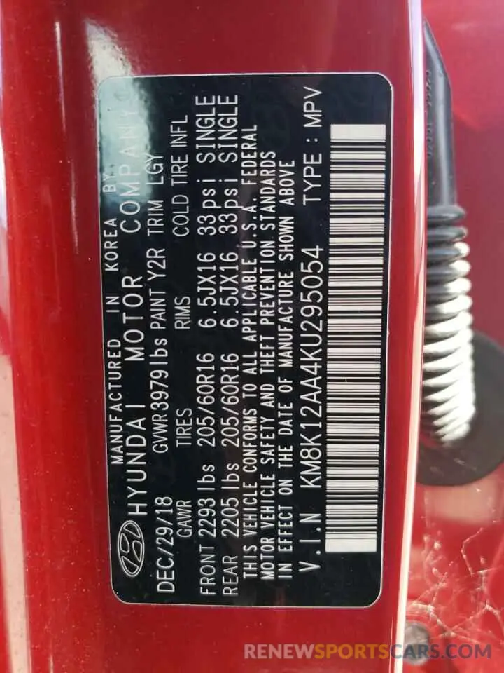 12 Photograph of a damaged car KM8K12AA4KU295054 HYUNDAI KONA 2019