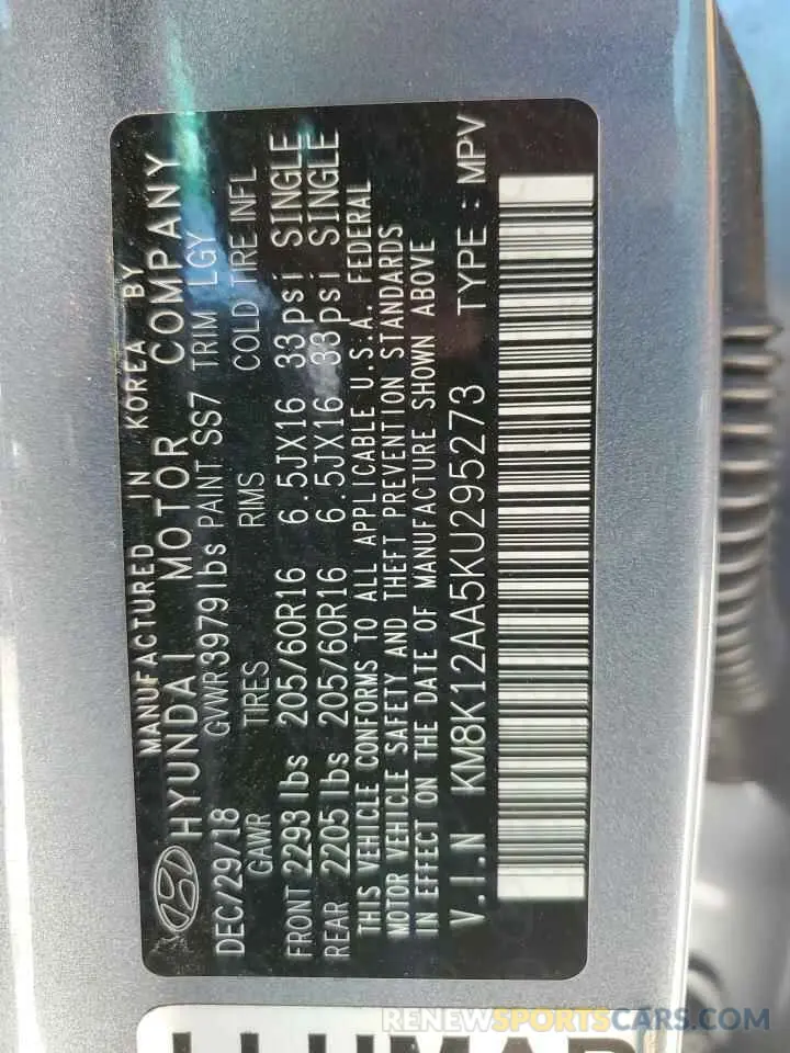 13 Photograph of a damaged car KM8K12AA5KU295273 HYUNDAI KONA 2019