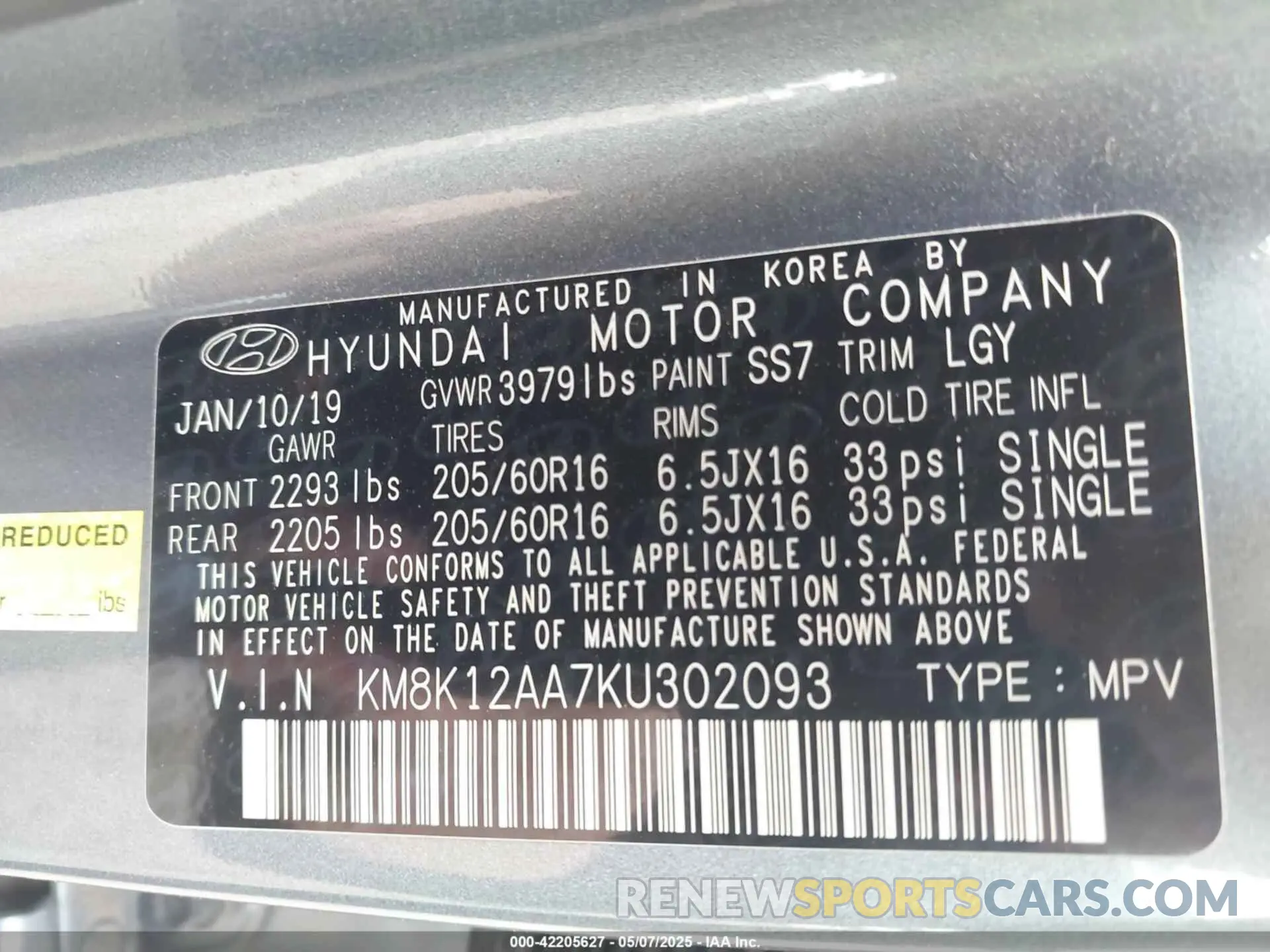 9 Photograph of a damaged car KM8K12AA7KU302093 HYUNDAI KONA 2019