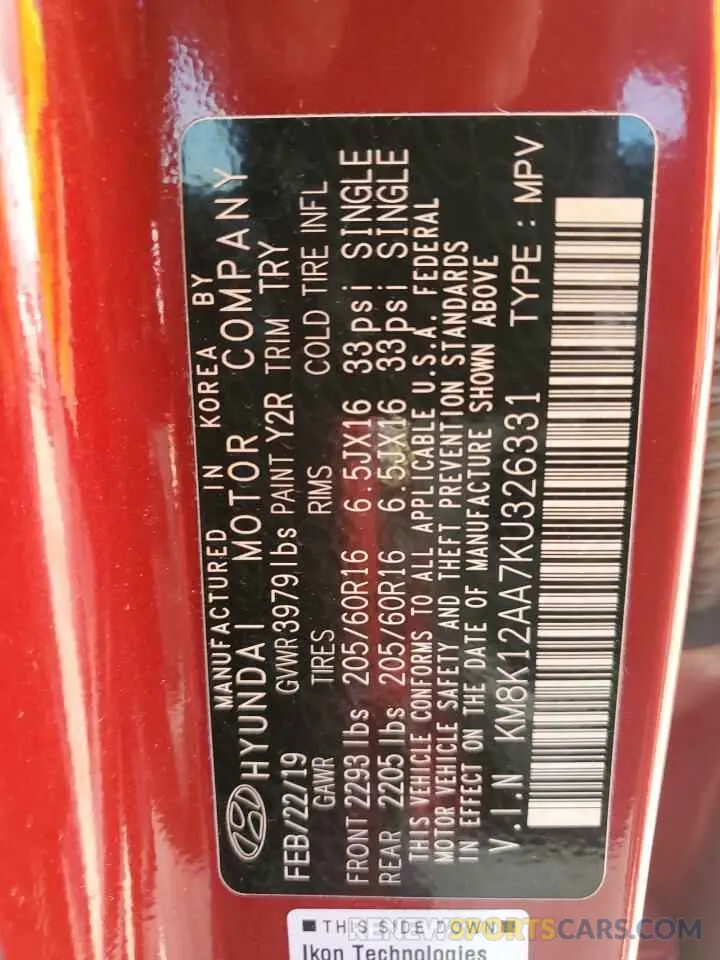 12 Photograph of a damaged car KM8K12AA7KU326331 HYUNDAI KONA 2019