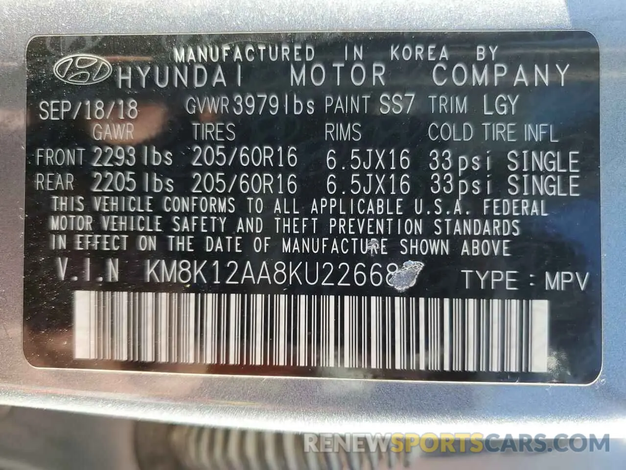 13 Photograph of a damaged car KM8K12AA8KU226688 HYUNDAI KONA 2019