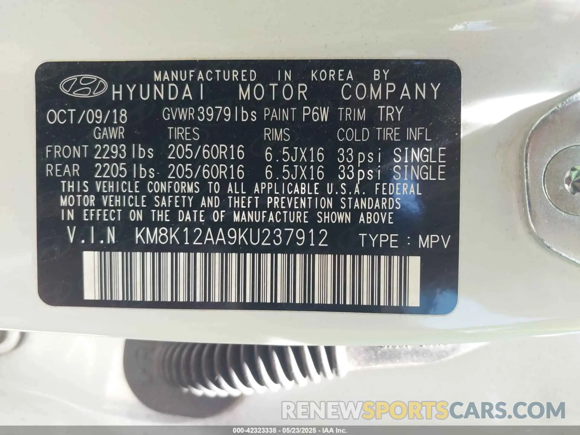 9 Photograph of a damaged car KM8K12AA9KU237912 HYUNDAI KONA 2019