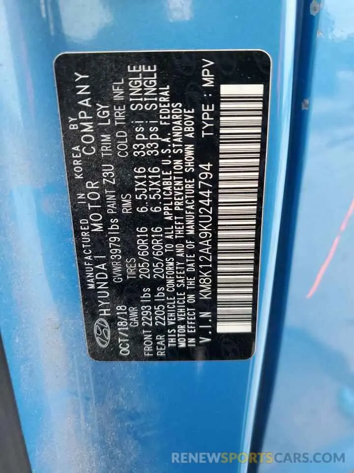12 Photograph of a damaged car KM8K12AA9KU244794 HYUNDAI KONA 2019