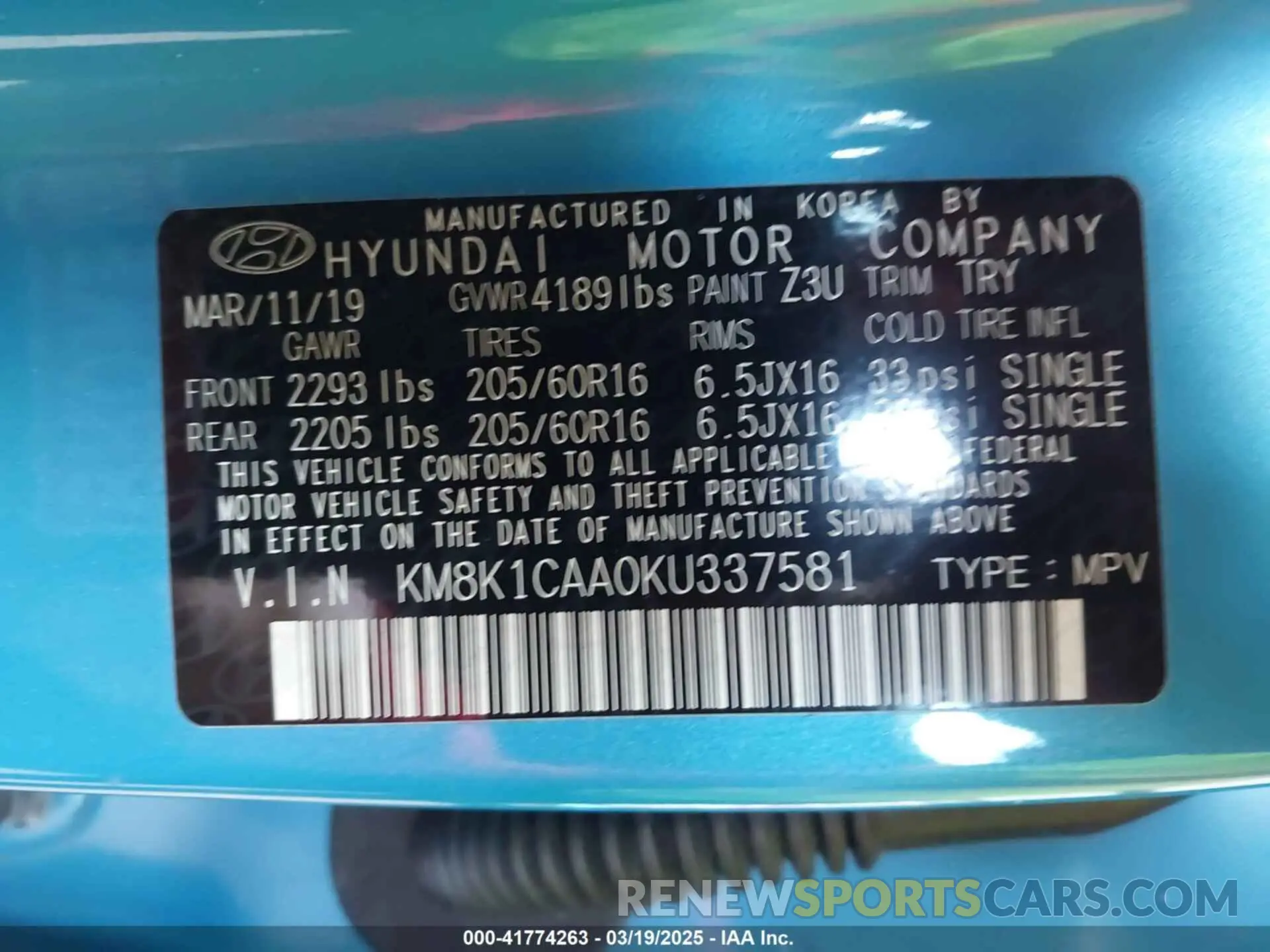 9 Photograph of a damaged car KM8K1CAA0KU337581 HYUNDAI KONA 2019