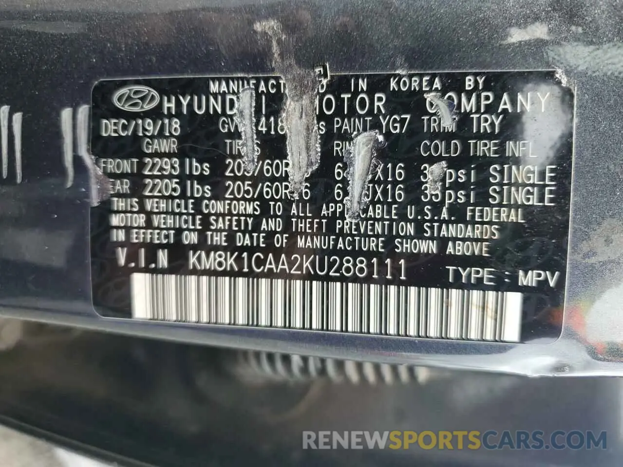 13 Photograph of a damaged car KM8K1CAA2KU288111 HYUNDAI KONA 2019