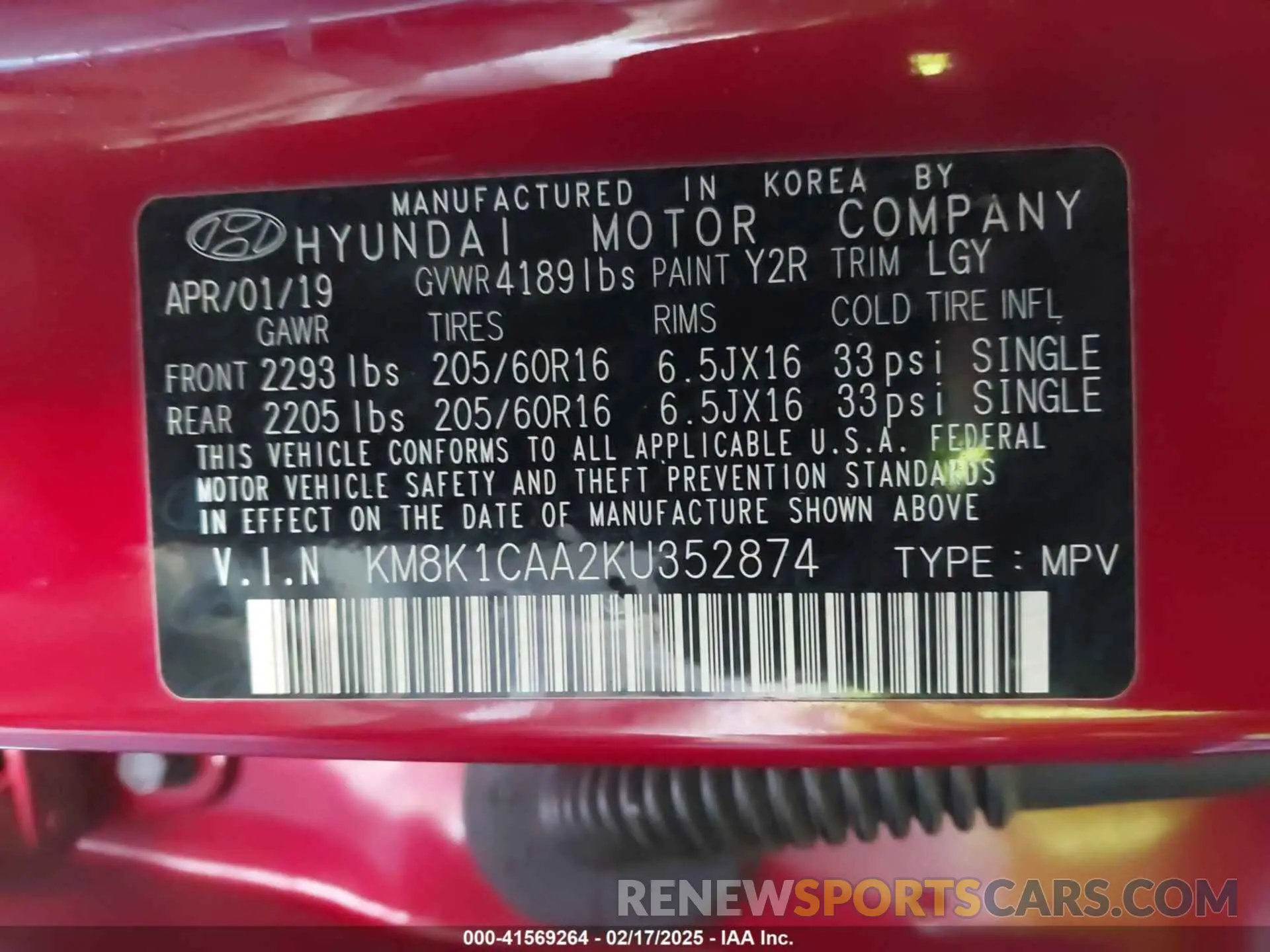 9 Photograph of a damaged car KM8K1CAA2KU352874 HYUNDAI KONA 2019