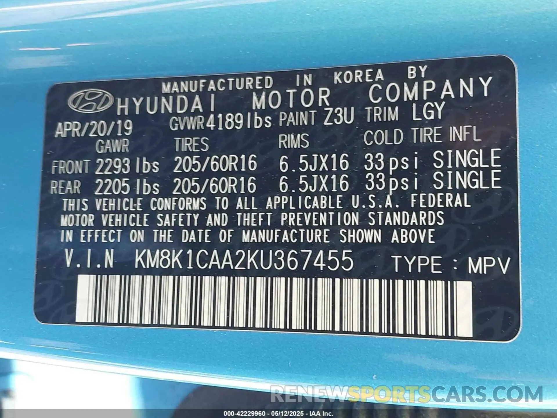 9 Photograph of a damaged car KM8K1CAA2KU367455 HYUNDAI KONA 2019