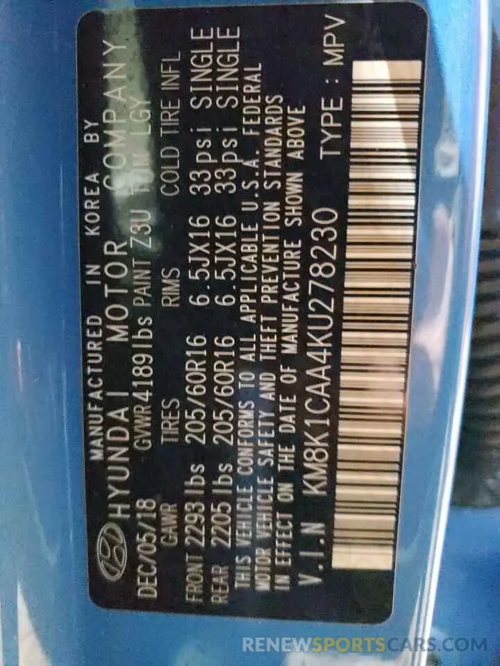 13 Photograph of a damaged car KM8K1CAA4KU278230 HYUNDAI KONA 2019