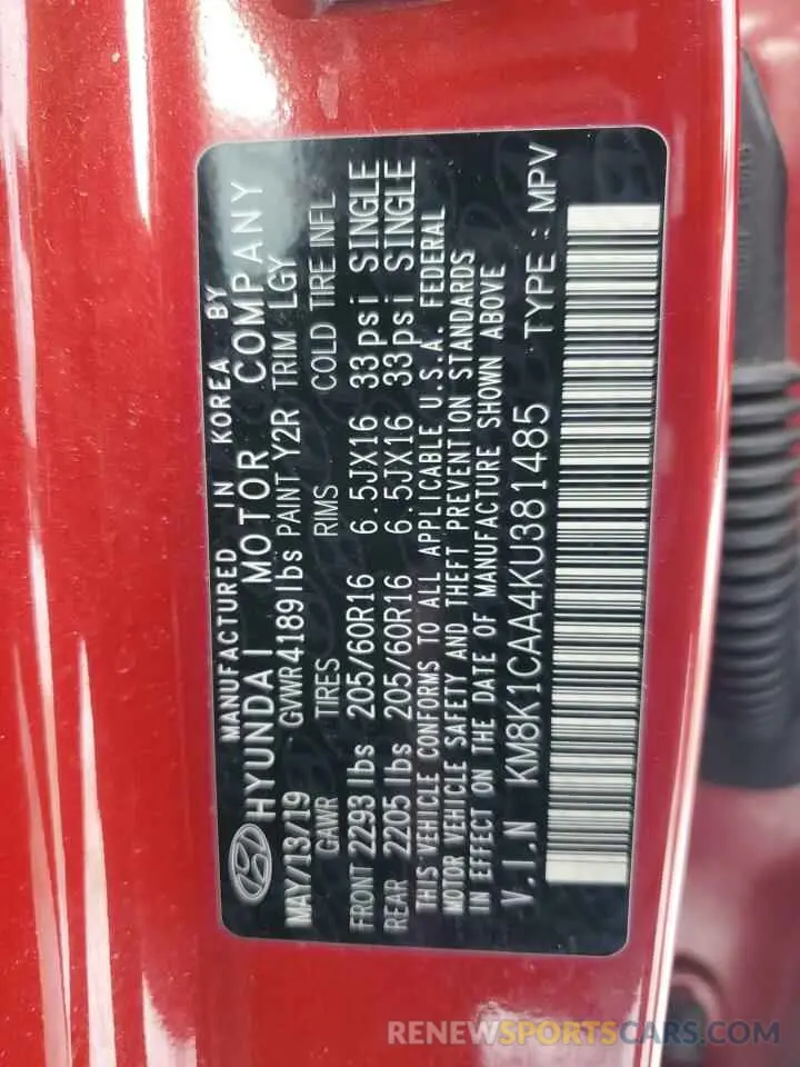 14 Photograph of a damaged car KM8K1CAA4KU381485 HYUNDAI KONA 2019