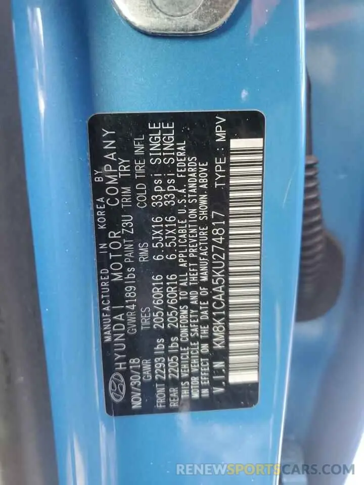 12 Photograph of a damaged car KM8K1CAA5KU274817 HYUNDAI KONA 2019