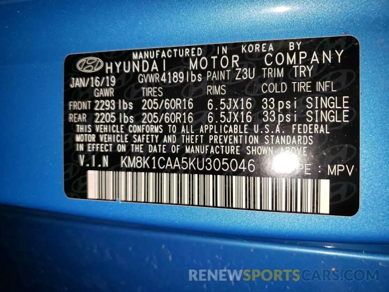 15 Photograph of a damaged car KM8K1CAA5KU305046 HYUNDAI KONA 2019