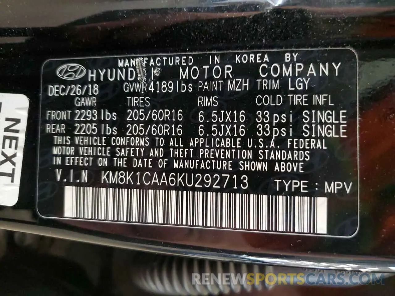 14 Photograph of a damaged car KM8K1CAA6KU292713 HYUNDAI KONA 2019