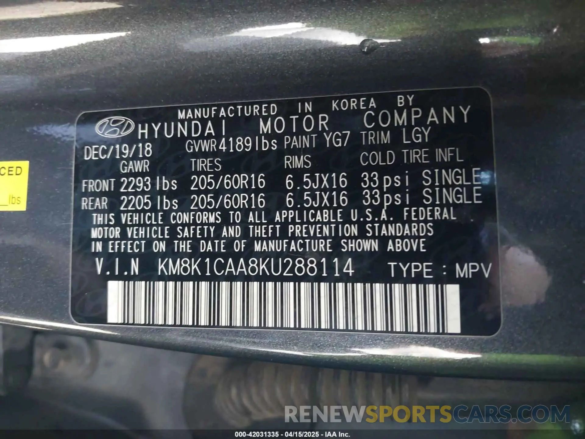 9 Photograph of a damaged car KM8K1CAA8KU288114 HYUNDAI KONA 2019