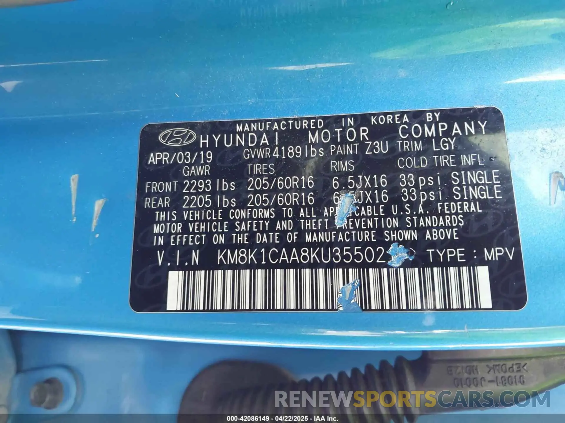 9 Photograph of a damaged car KM8K1CAA8KU355021 HYUNDAI KONA 2019