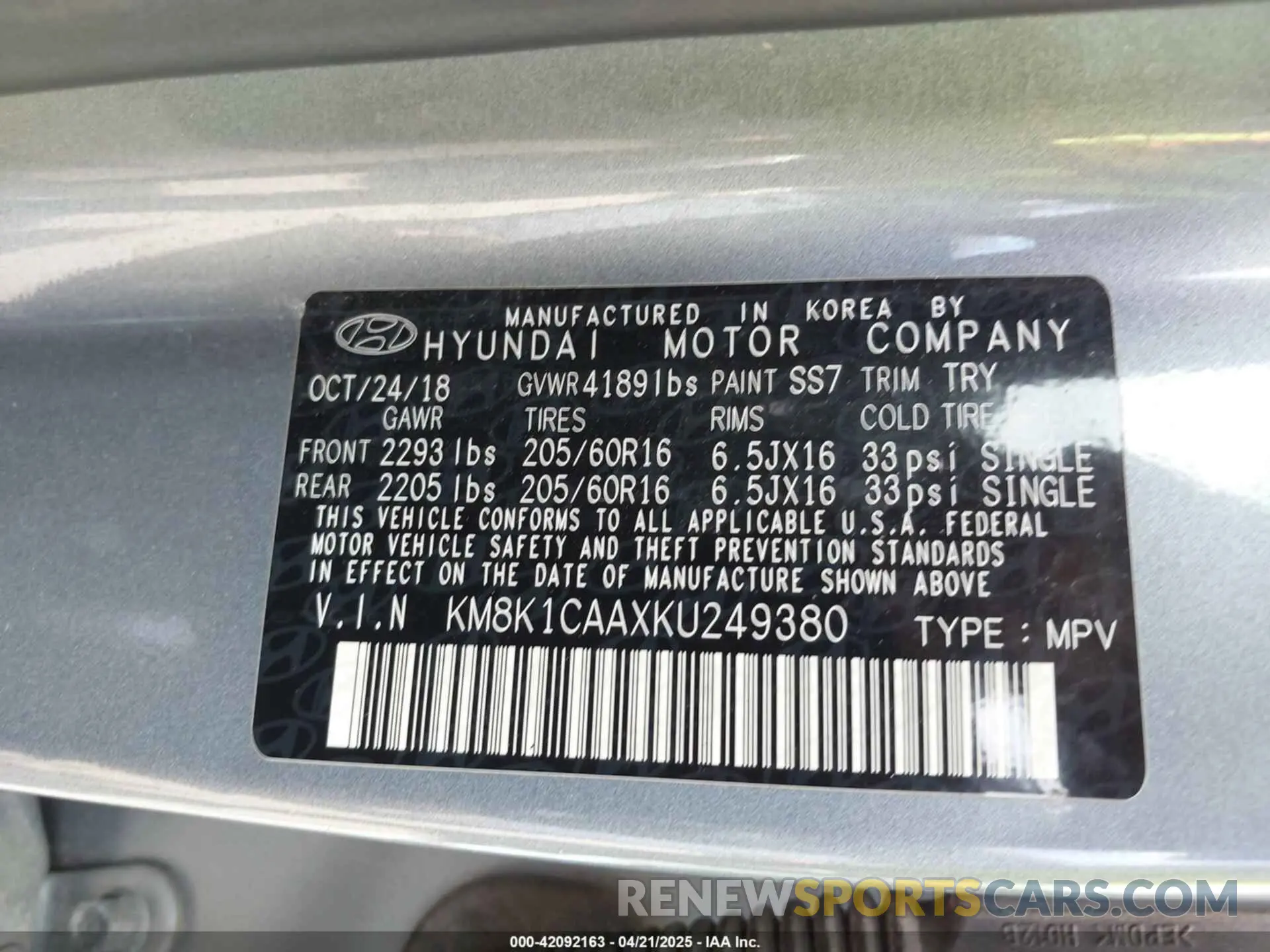 9 Photograph of a damaged car KM8K1CAAXKU249380 HYUNDAI KONA 2019