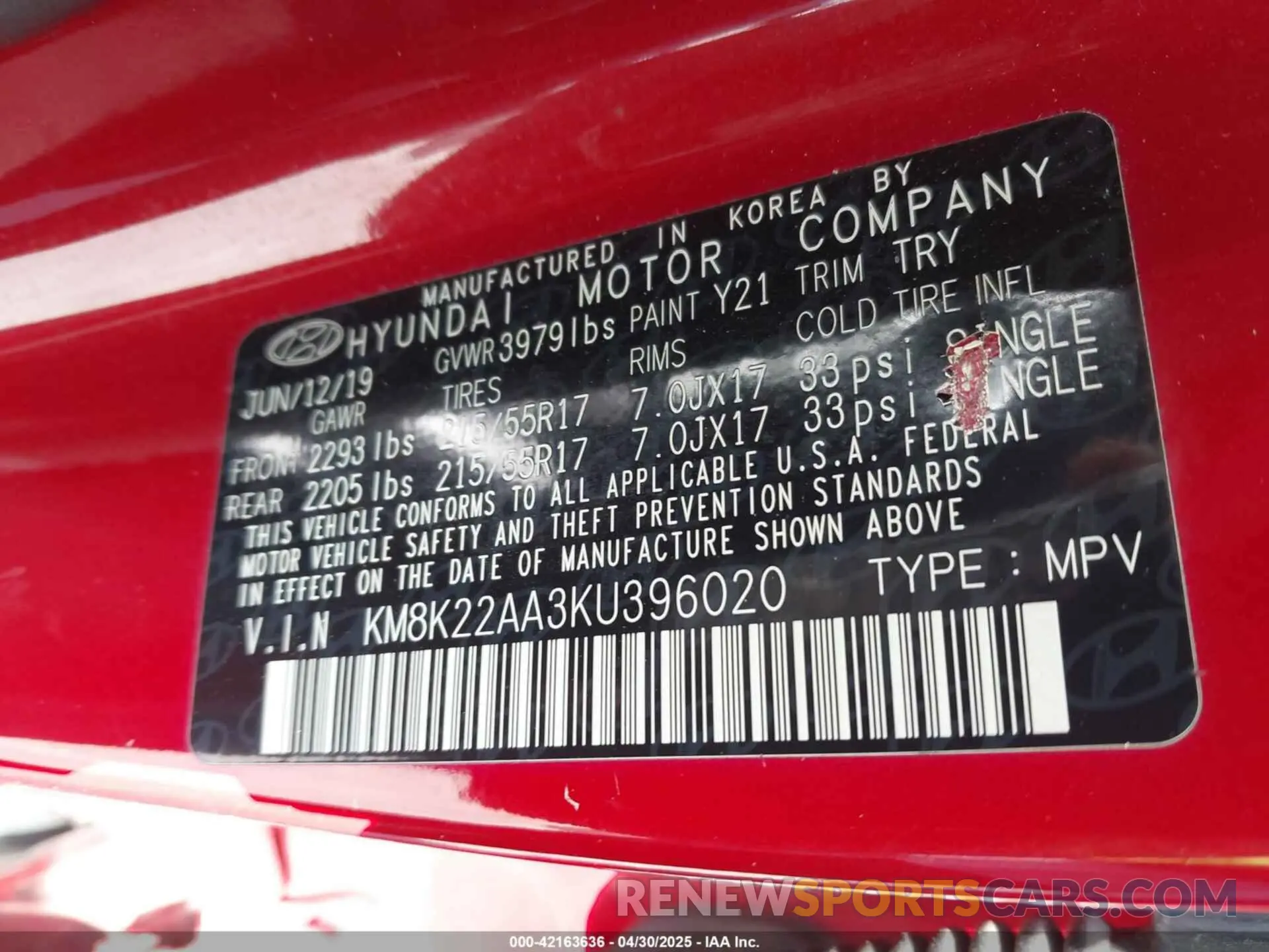9 Photograph of a damaged car KM8K22AA3KU396020 HYUNDAI KONA 2019