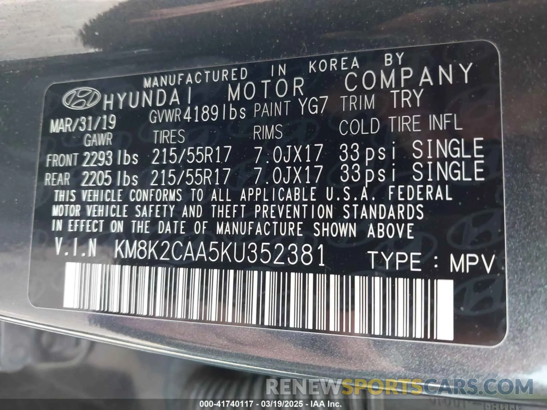 9 Photograph of a damaged car KM8K2CAA5KU352381 HYUNDAI KONA 2019