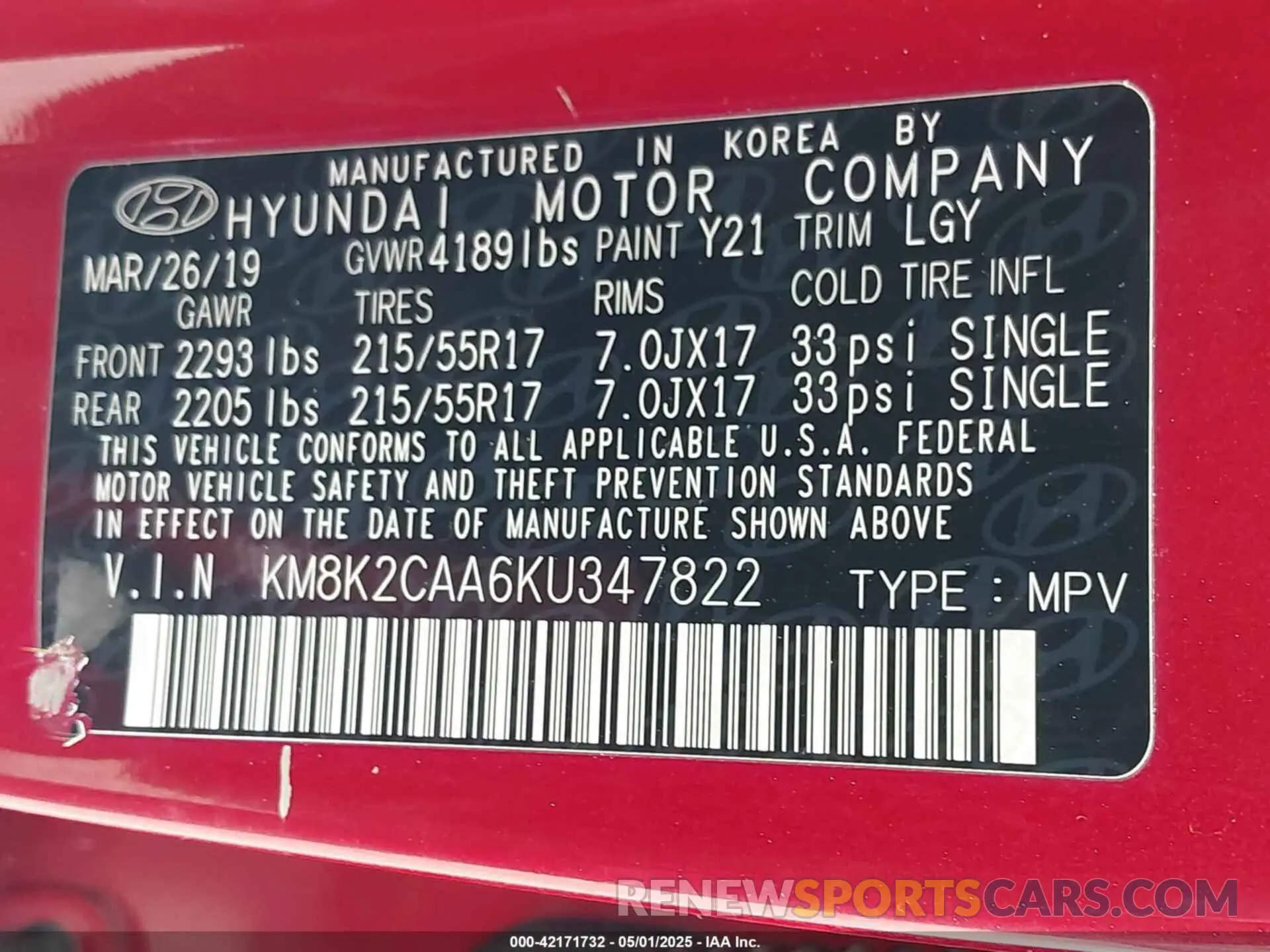 9 Photograph of a damaged car KM8K2CAA6KU347822 HYUNDAI KONA 2019