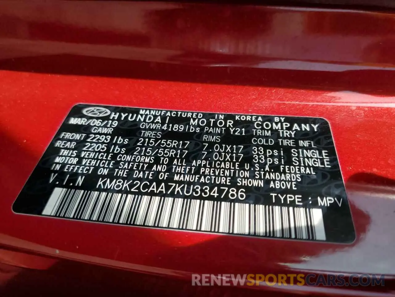16 Photograph of a damaged car KM8K2CAA7KU334786 HYUNDAI KONA 2019