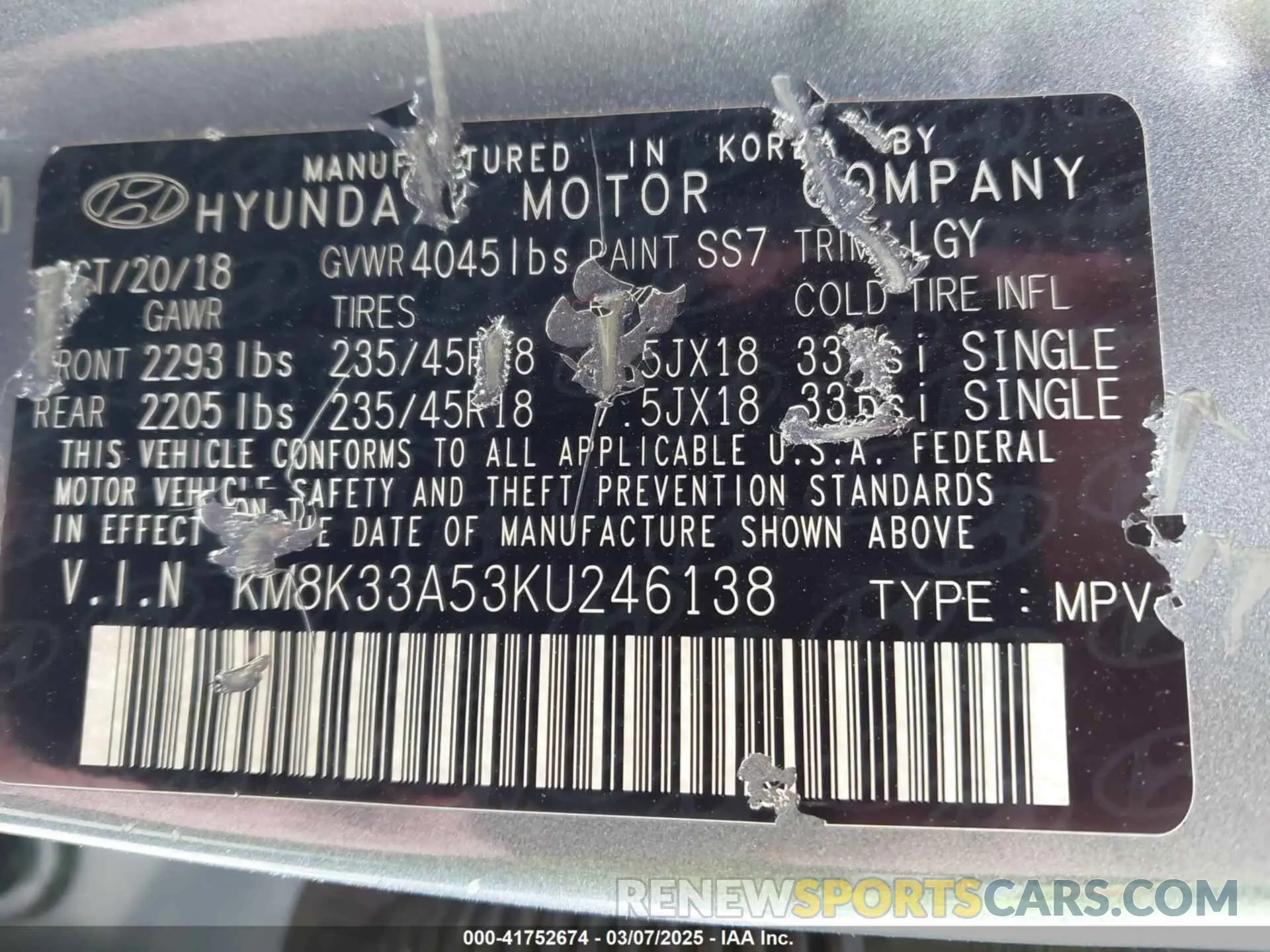 9 Photograph of a damaged car KM8K33A53KU246138 HYUNDAI KONA 2019