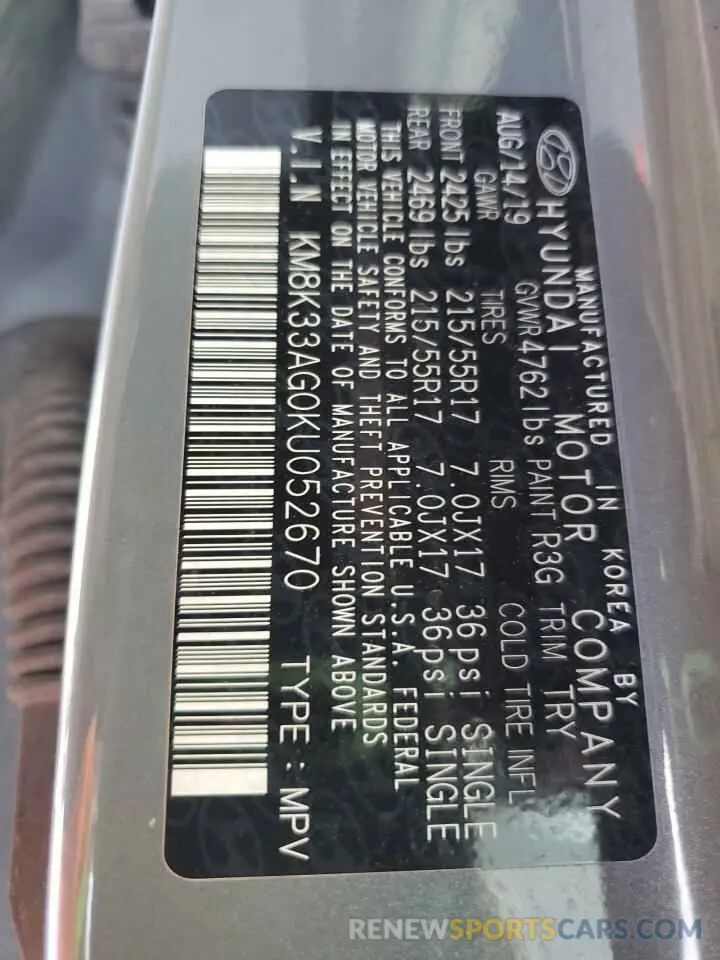 13 Photograph of a damaged car KM8K33AG0KU052670 HYUNDAI KONA 2019
