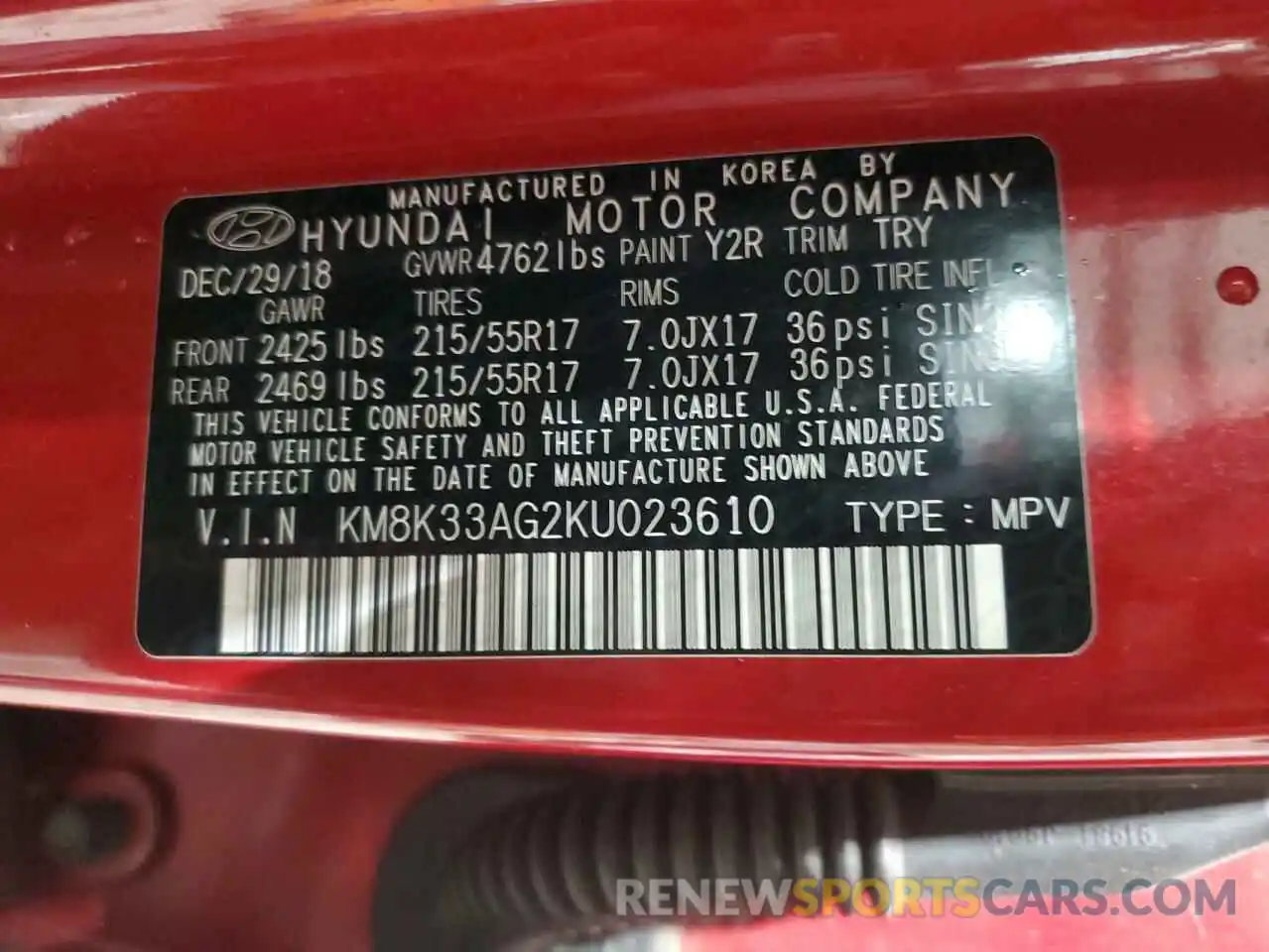 13 Photograph of a damaged car KM8K33AG2KU023610 HYUNDAI KONA 2019