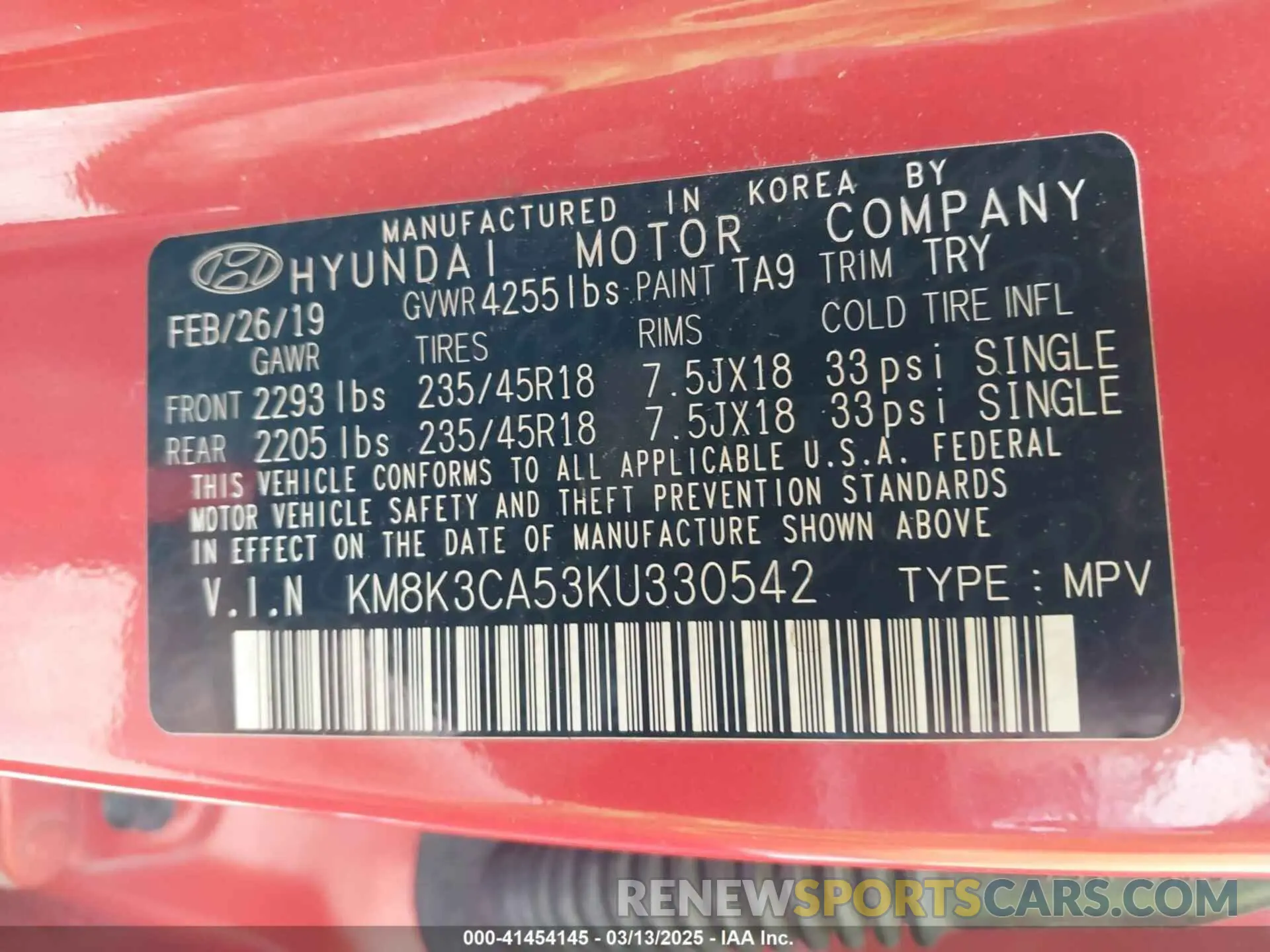 9 Photograph of a damaged car KM8K3CA53KU330542 HYUNDAI KONA 2019