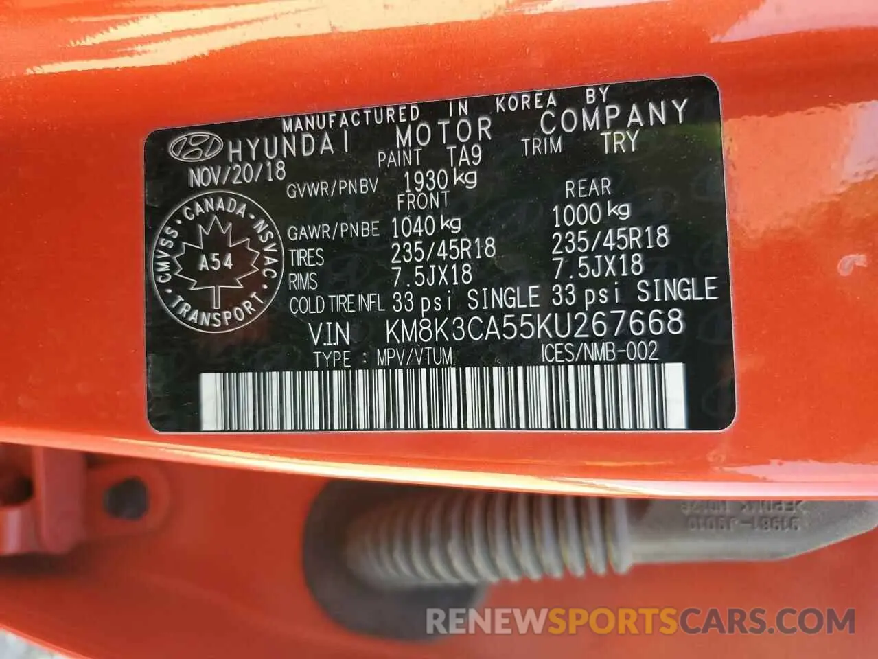 14 Photograph of a damaged car KM8K3CA55KU267668 HYUNDAI KONA 2019