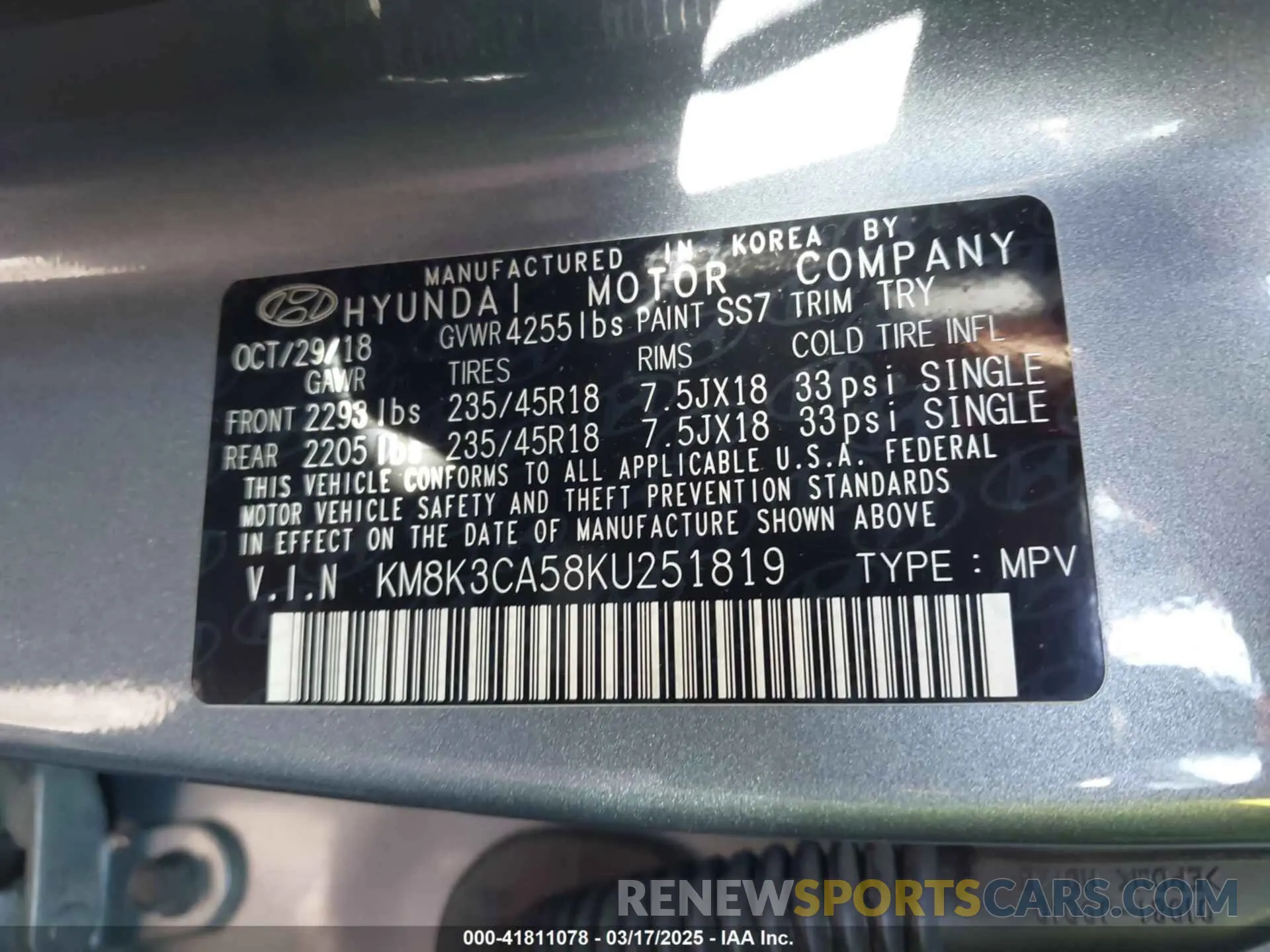 9 Photograph of a damaged car KM8K3CA58KU251819 HYUNDAI KONA 2019
