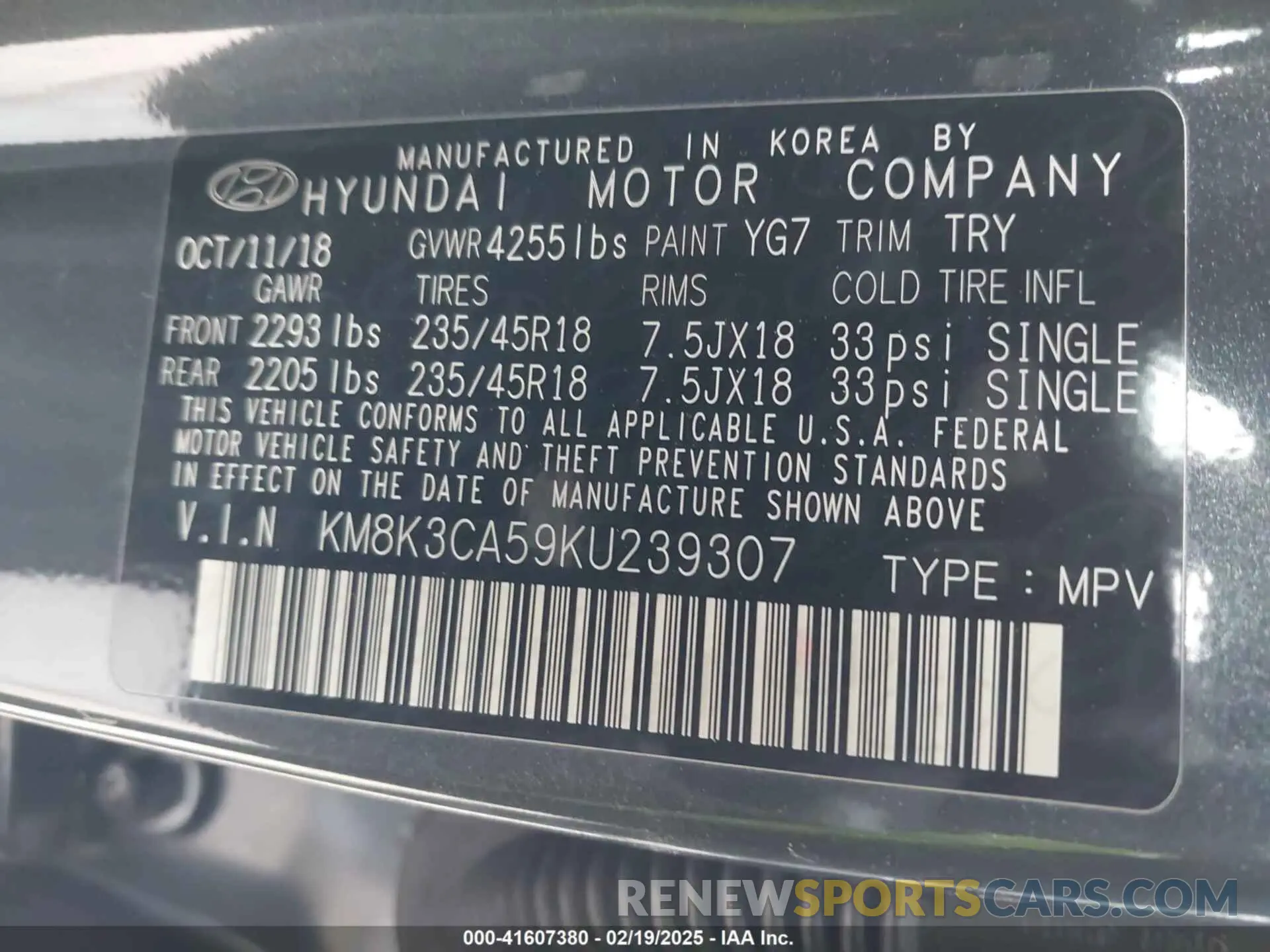 9 Photograph of a damaged car KM8K3CA59KU239307 HYUNDAI KONA 2019