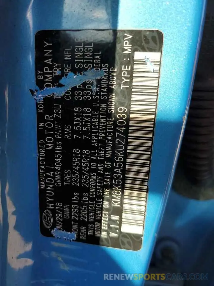 13 Photograph of a damaged car KM8K53A56KU274039 HYUNDAI KONA 2019