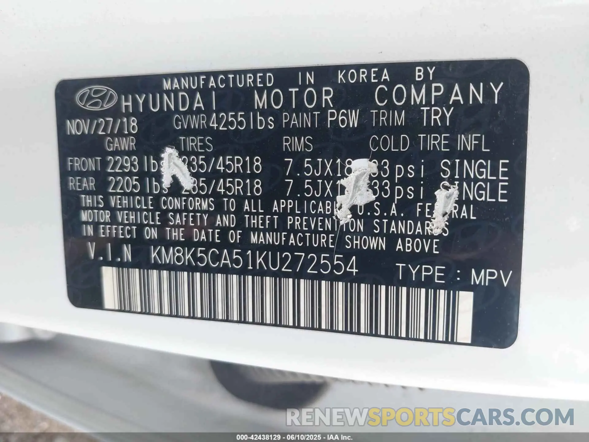 9 Photograph of a damaged car KM8K5CA51KU272554 HYUNDAI KONA 2019