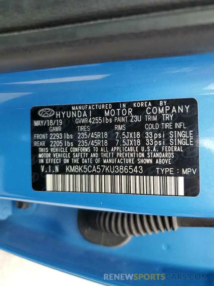 13 Photograph of a damaged car KM8K5CA57KU386543 HYUNDAI KONA 2019